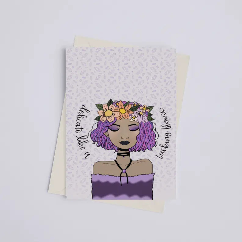 Purple-haired woman with floral crown on lavender card, stylish, artistic design, perfect for unique greetings.