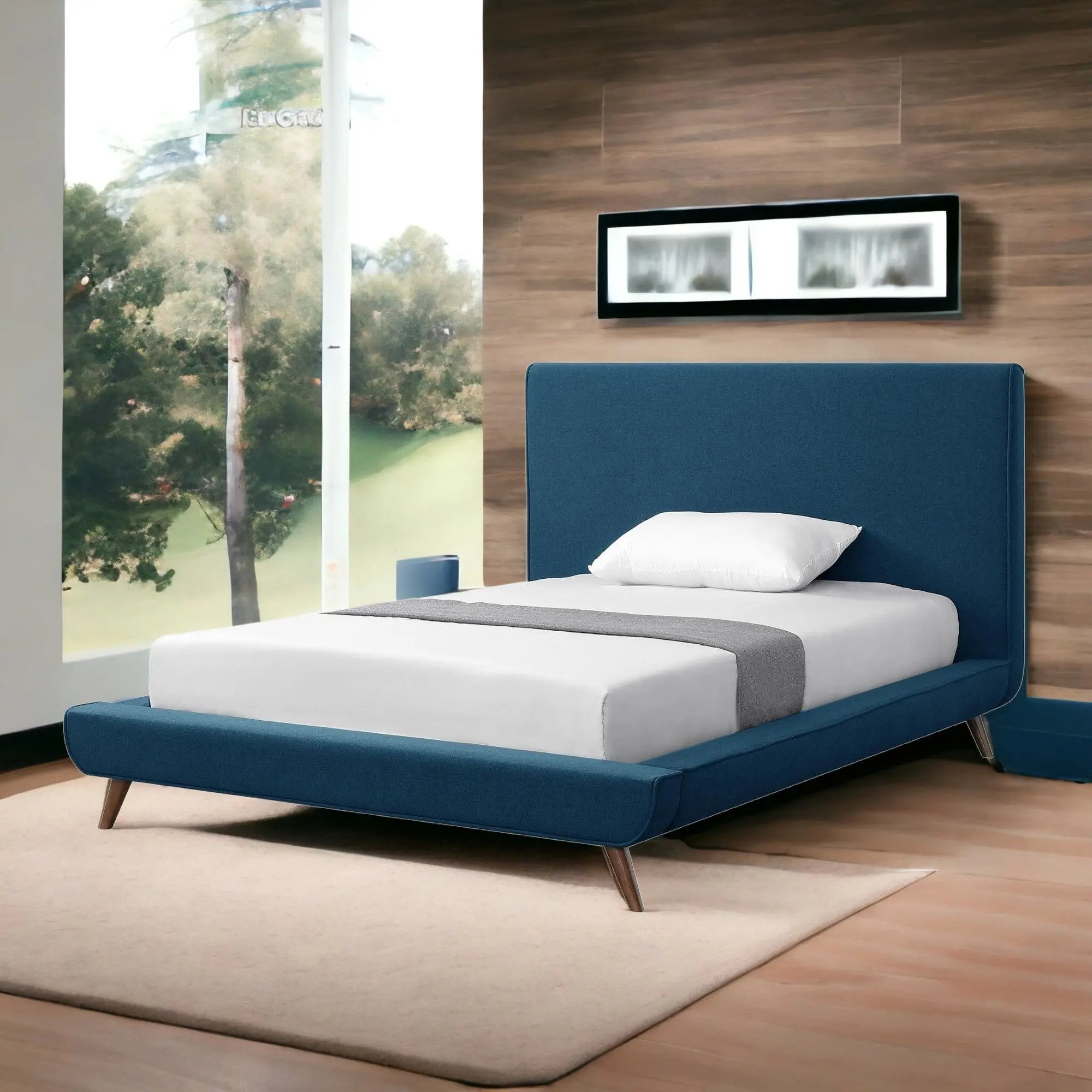 Denim Blue Solid Wood Full Upholstered Linen Bed Homeroots Bed & Bath