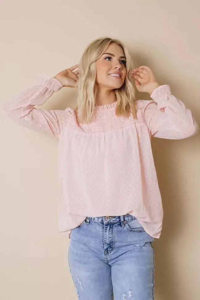 Denna Swiss Dot Long Sleeve Top Stay Warm in Style