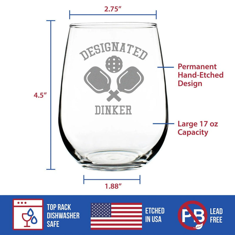 Designated Dinker Stemless Wine Glass - Pickleball Gifts Bevvee