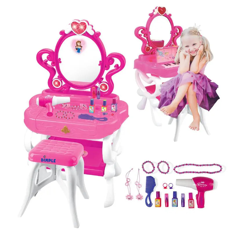 Dimple 2-in-1 Princess Pretend Play Vanity Set Table w/ Working Piano Beauty Set for Girls Dimple