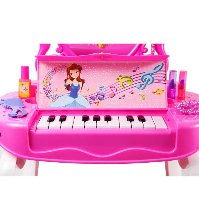 Dimple 2-in-1 Princess Pretend Play Vanity Set Table w/ Working Piano Beauty Set for Girls Dimple