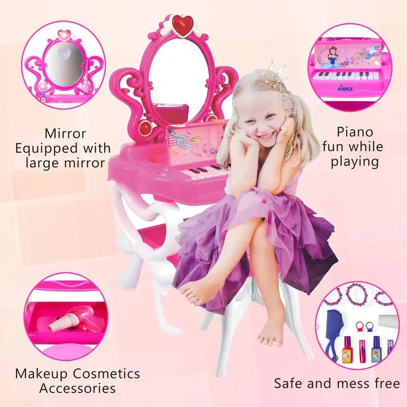 Dimple 2-in-1 Princess Pretend Play Vanity Set Table w/ Working Piano Beauty Set for Girls Dimple