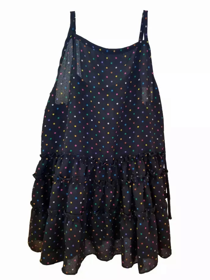 Black polka dot ruffled sundress with colorful dots, sheer fabric, adjustable straps, perfect for casual summer outings.