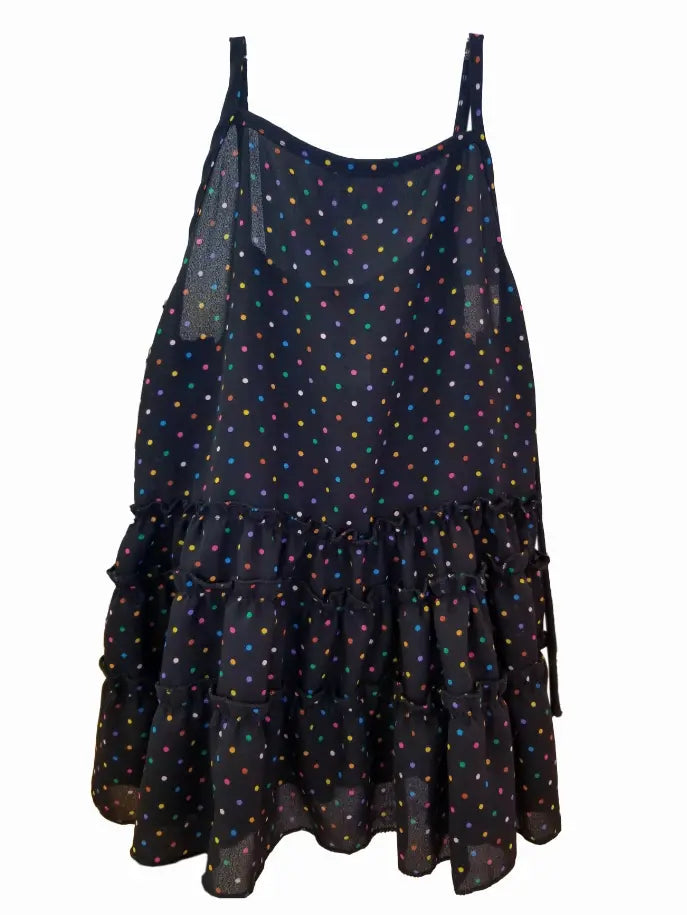 Black polka dot ruffle dress with colorful dots, lightweight fabric, and adjustable straps, perfect for summer outings.