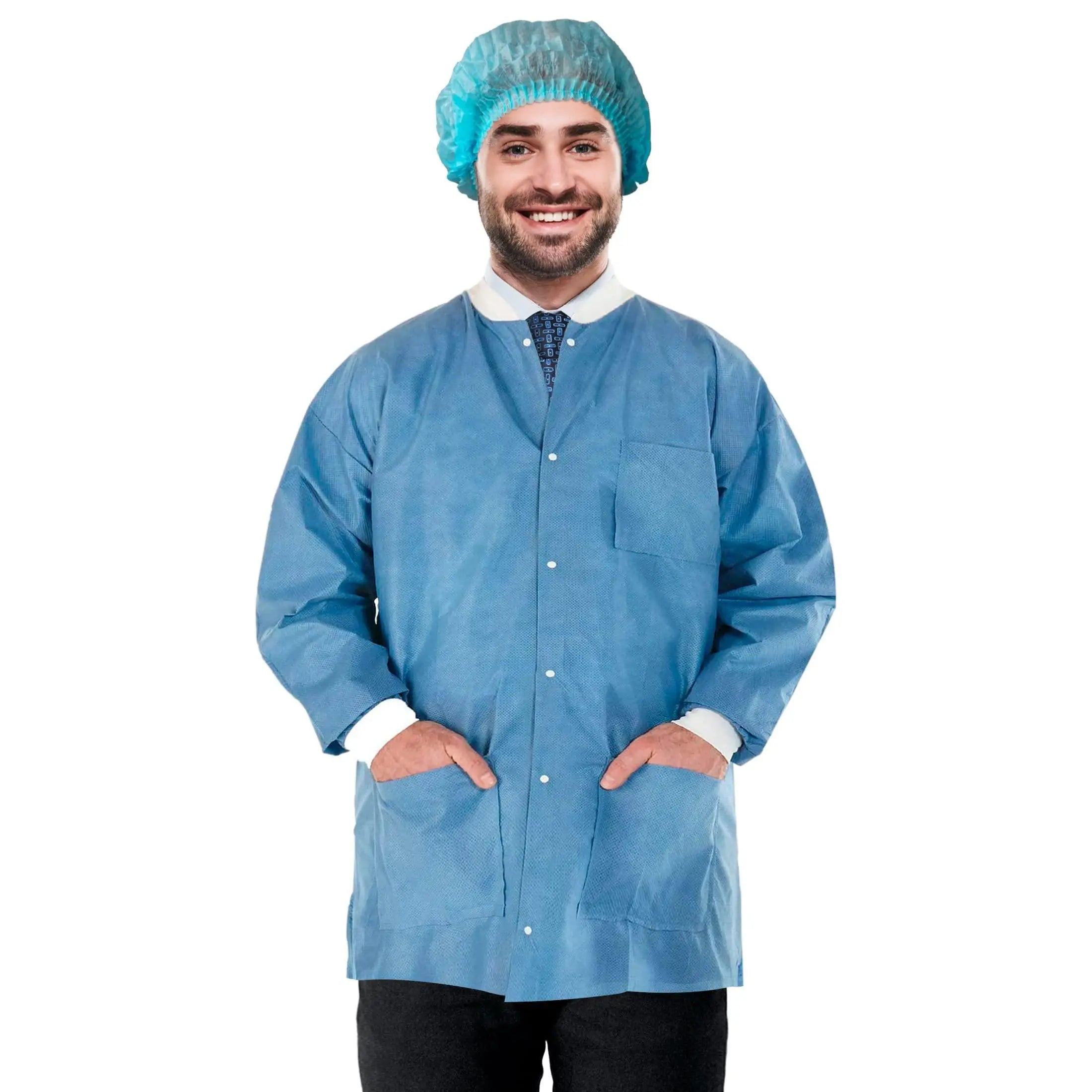 Disposable Lab Jackets 29  Long. Pack of 10 Ceil Blue Hip Length Work Gowns Small. SMS 50 gsm Shirts with Snaps Front Knit Cuffs & Collar 3 Pockets. Unisex PPE Body Protective Short Coats. Ezgoodz