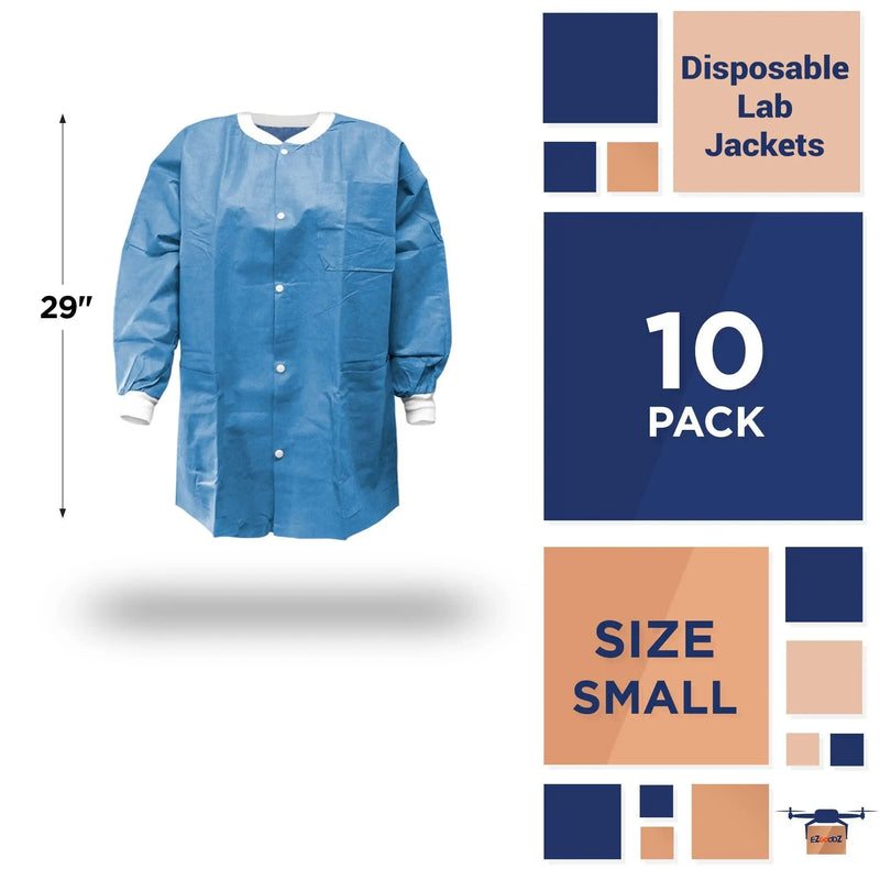 Disposable Lab Jackets 29  Long. Pack of 10 Ceil Blue Hip Length Work Gowns Small. SMS 50 gsm Shirts with Snaps Front Knit Cuffs & Collar 3 Pockets. Unisex PPE Body Protective Short Coats. Ezgoodz