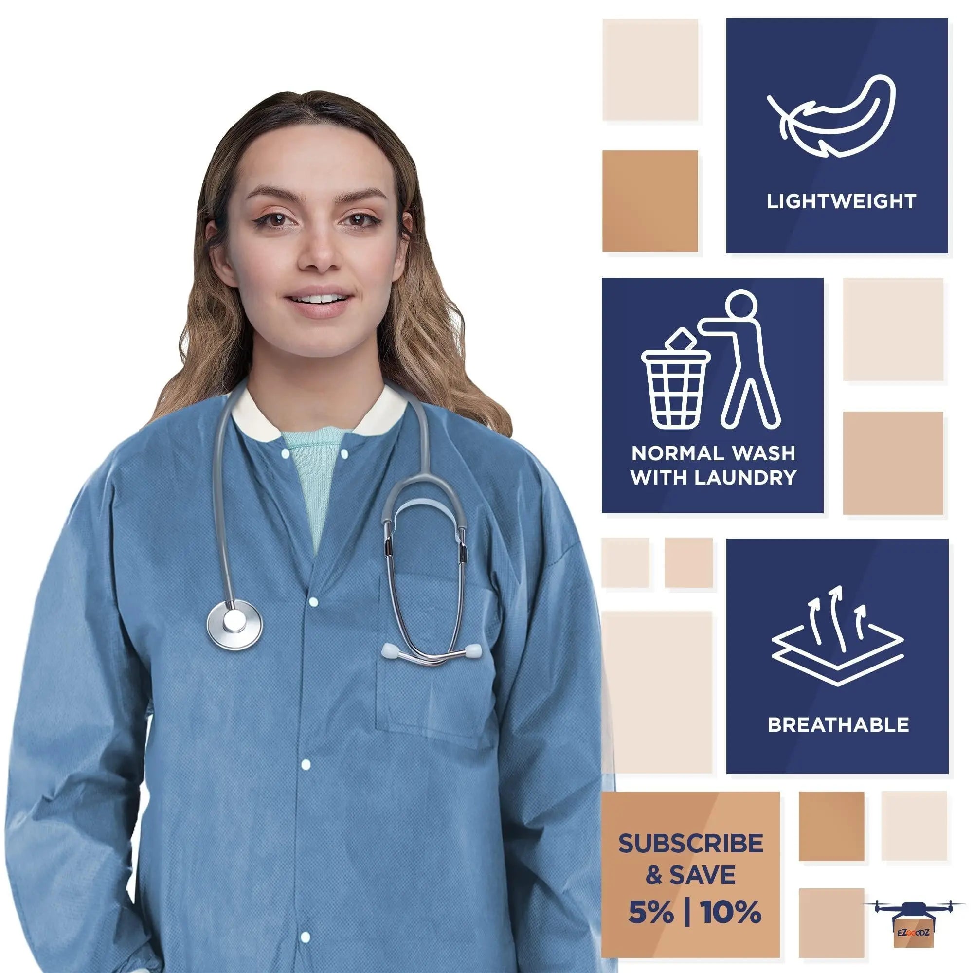 Disposable Lab Jackets 29  Long. Pack of 10 Ceil Blue Hip Length Work Gowns Small. SMS 50 gsm Shirts with Snaps Front Knit Cuffs & Collar 3 Pockets. Unisex PPE Body Protective Short Coats. Ezgoodz