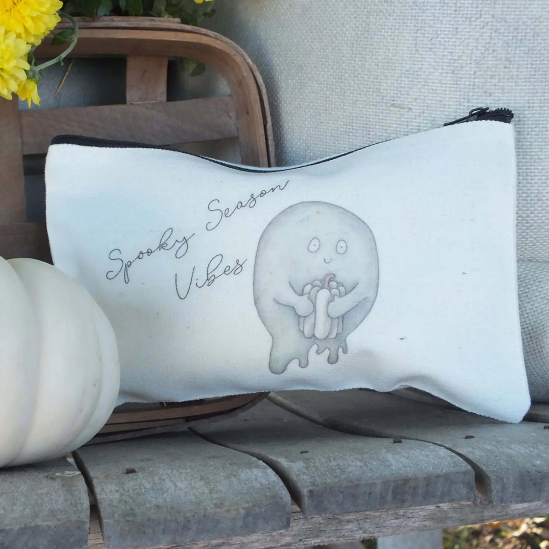 Distressed White Pumpkin Ghost Zipper Pouch Art by Erica H