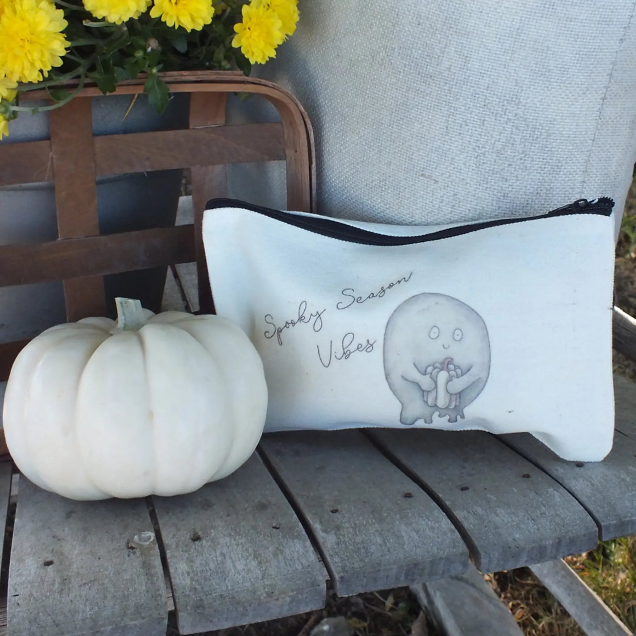 Distressed White Pumpkin Ghost Zipper Pouch Art by Erica H
