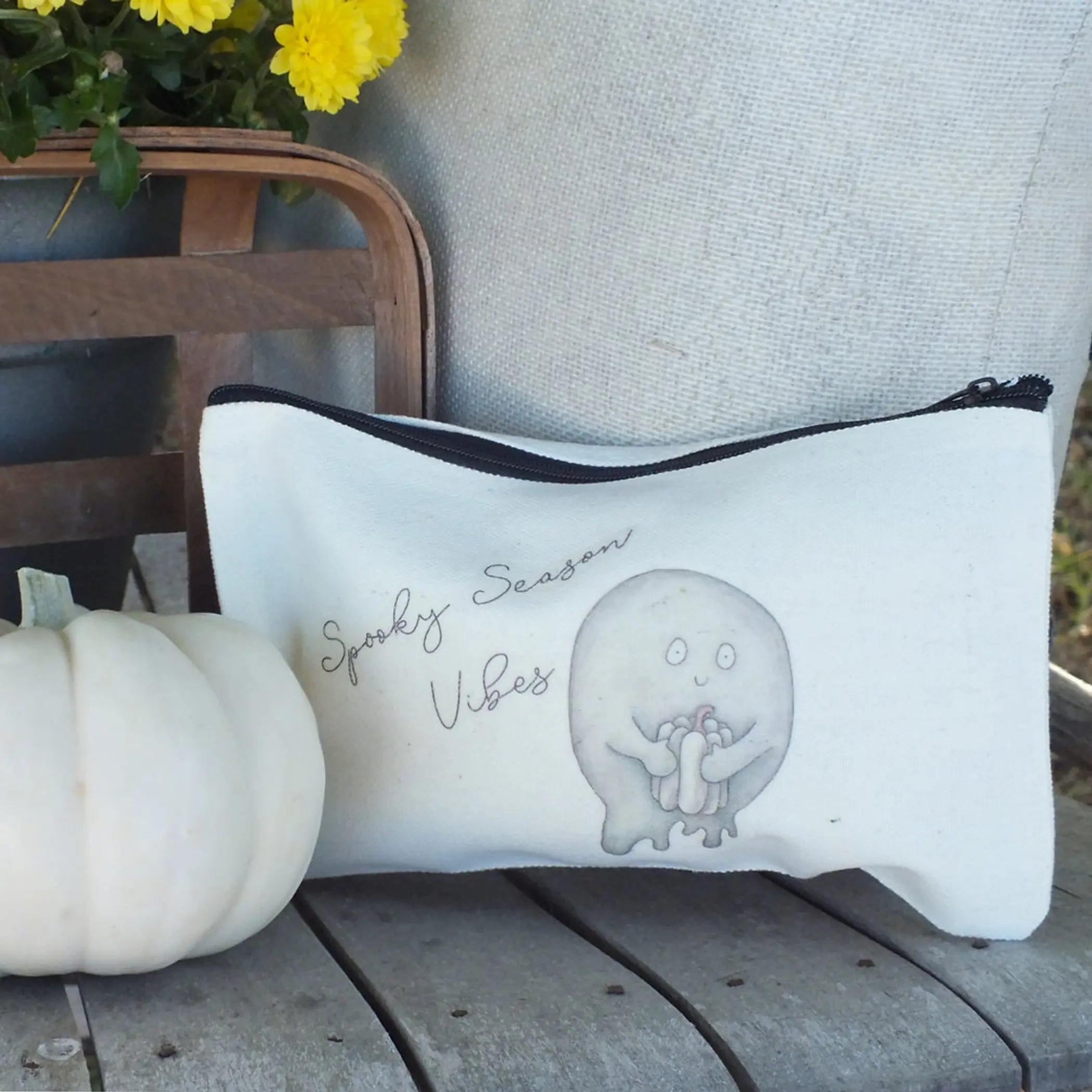 Distressed White Pumpkin Ghost Zipper Pouch Art by Erica H