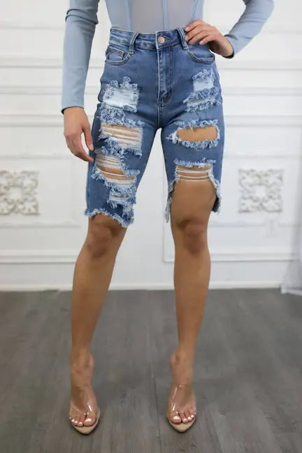 Distressed it Out High Waisted Denim Bermuda Shorts SurelyMine