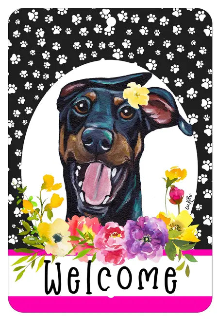 Doberman B/T Uncropped - HHS Paw Prints Welcome Indoor/Outdoor Aluminum Sign Best of Breed