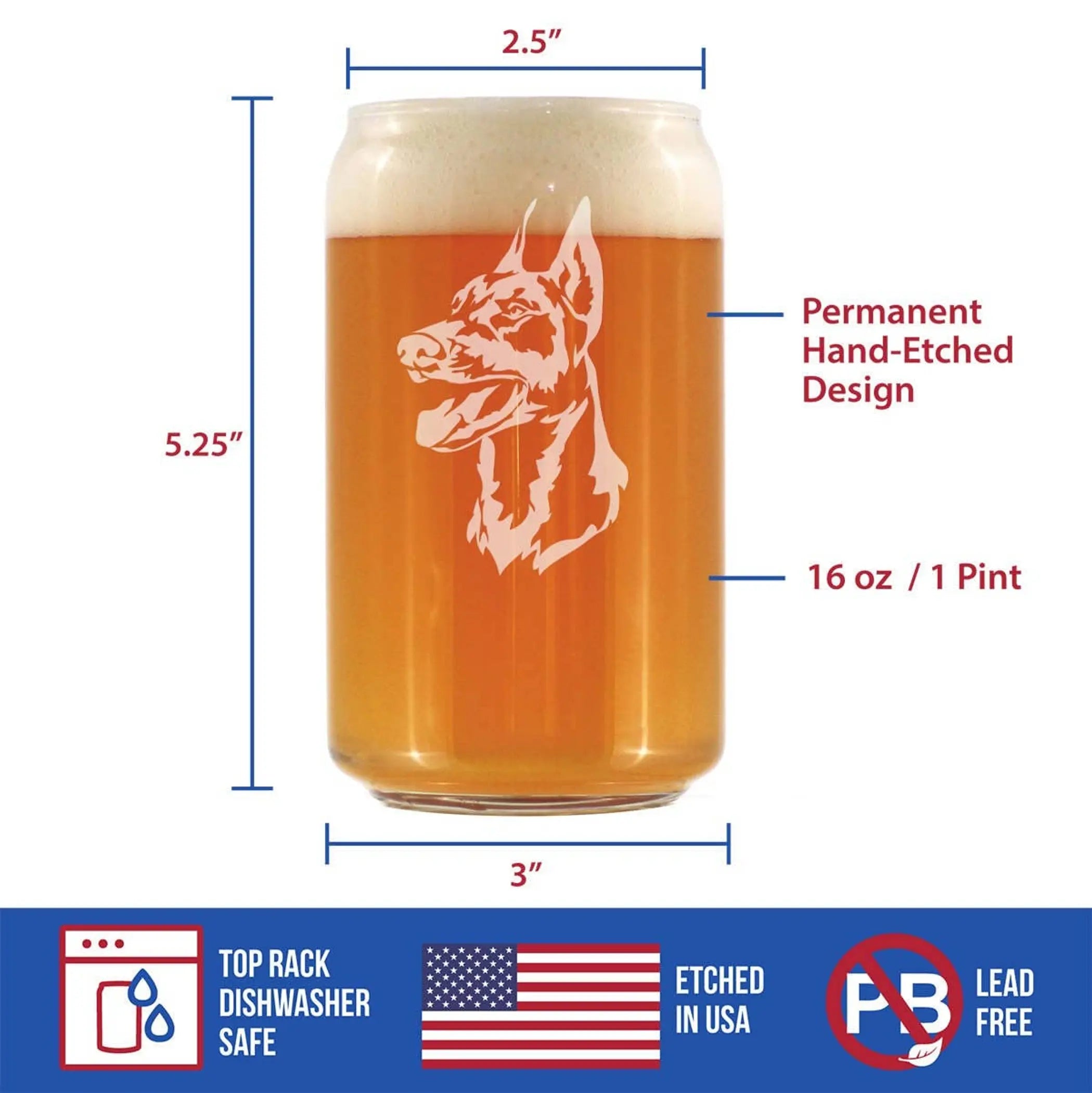 Doberman Face Beer Can Pint Glass - Doberman Dogs Gifts Bevvee