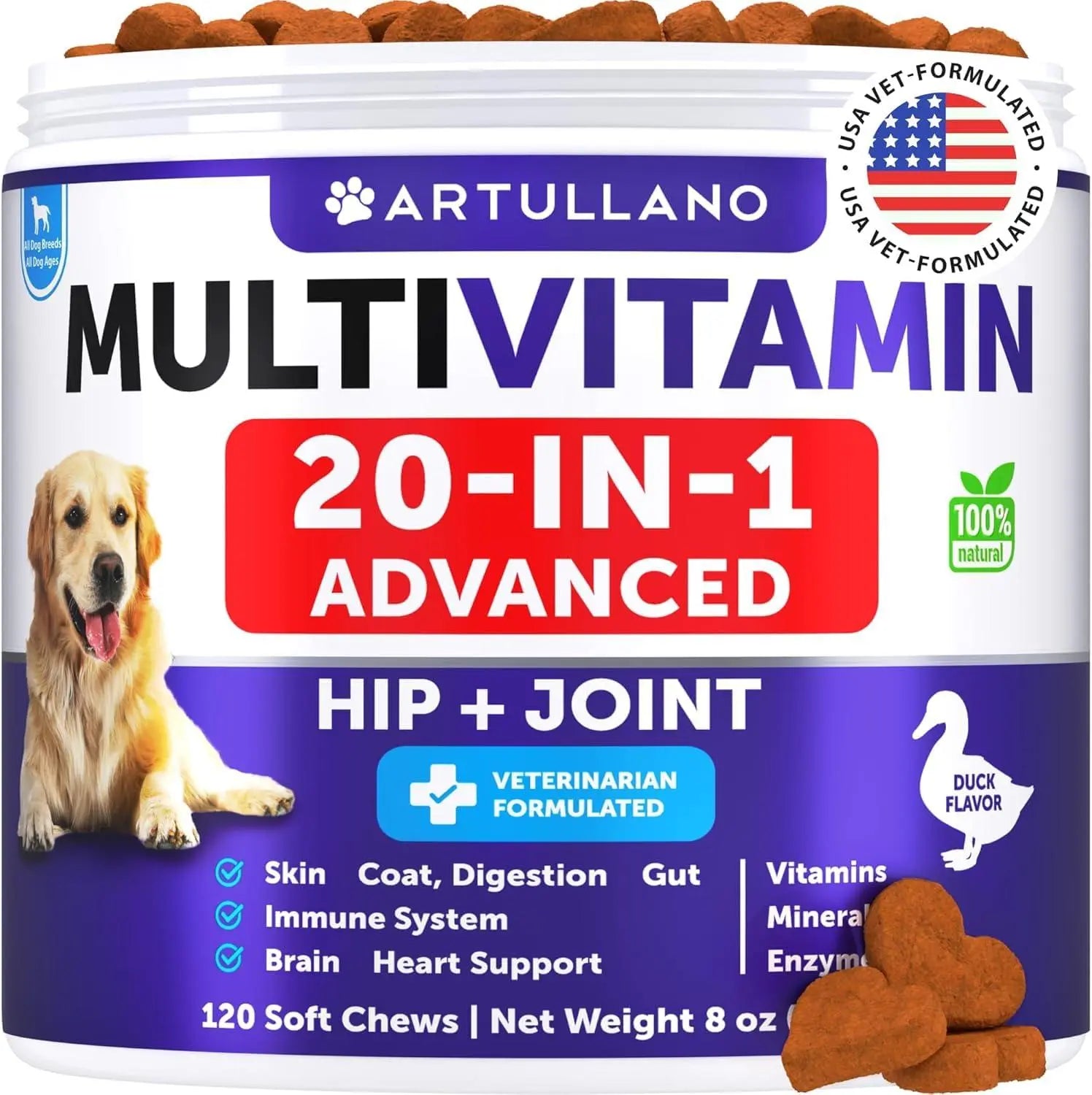 Dog Multivitamin Chewable with Glucosamine 20 in 1   Dog Vitamins and Supplements   Senior & Puppy Multivitamin for Dogs   Pet Joint Support Health   Immunity Mobility Gut Skin   120 Chews Artullano