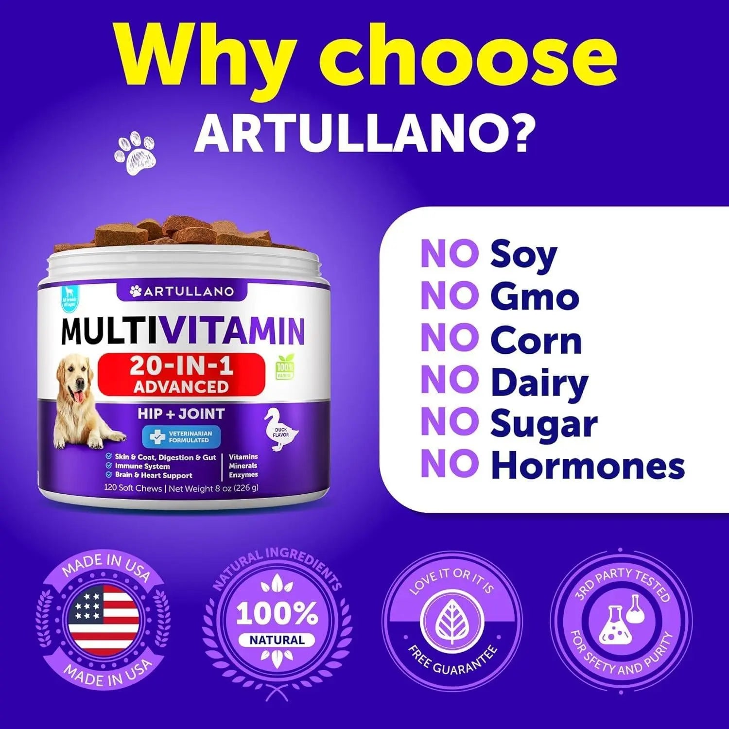 Dog Multivitamin Chewable with Glucosamine 20 in 1   Dog Vitamins and Supplements   Senior & Puppy Multivitamin for Dogs   Pet Joint Support Health   Immunity Mobility Gut Skin   120 Chews Artullano