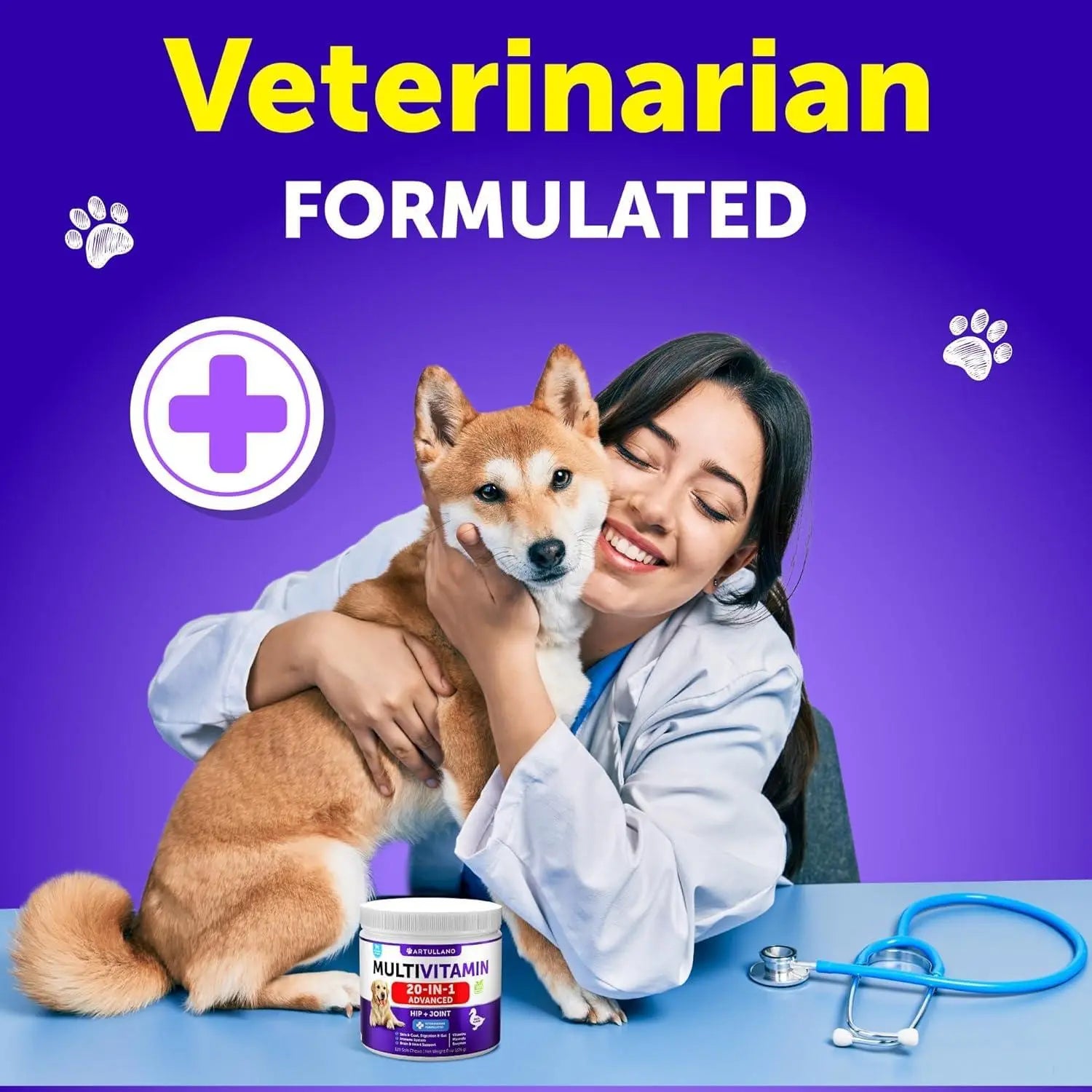 Dog Multivitamin Chewable with Glucosamine 20 in 1   Dog Vitamins and Supplements   Senior & Puppy Multivitamin for Dogs   Pet Joint Support Health   Immunity Mobility Gut Skin   120 Chews Artullano