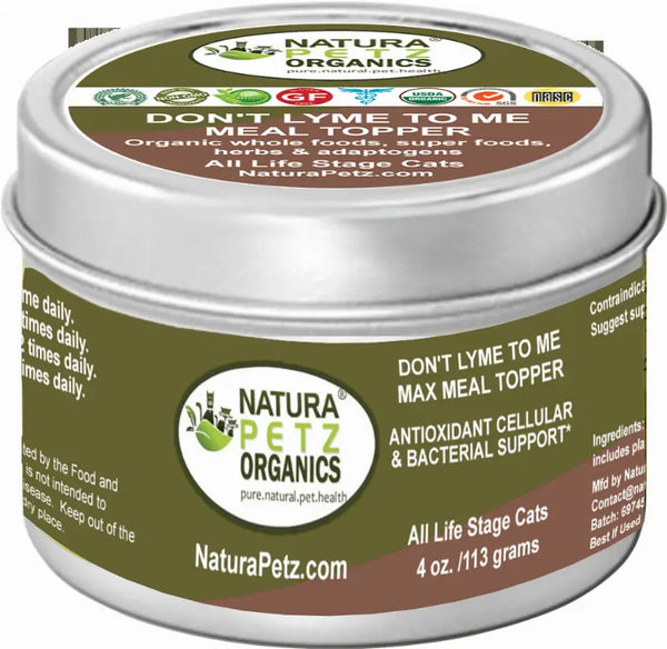 Organic meal topper for cats in a silver tin; promotes cellular support; 4 oz, suitable for all life stages.