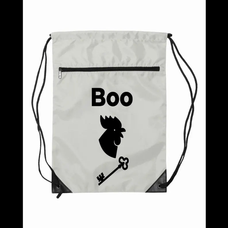 Light gray drawstring bag featuring a black rooster graphic and "Boo" text, made from durable nylon.