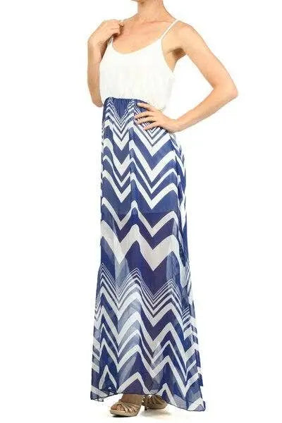 Duo Fabric Chevron Print Scoop Neck Spaghetti Straps Maxi Dress SurelyMine