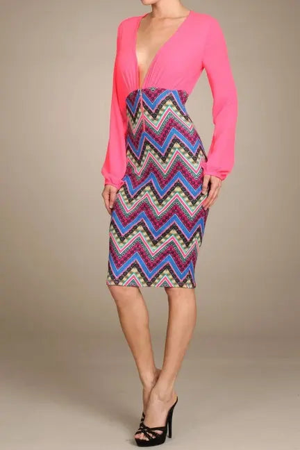 Duo Print Long Sleeve Body-Con Midi Dress With Zigzag Skirt SurelyMine