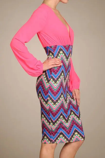 Duo Print Long Sleeve Body-Con Midi Dress With Zigzag Skirt SurelyMine