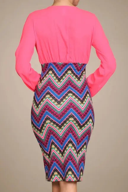Duo Print Long Sleeve Body-Con Midi Dress With Zigzag Skirt SurelyMine