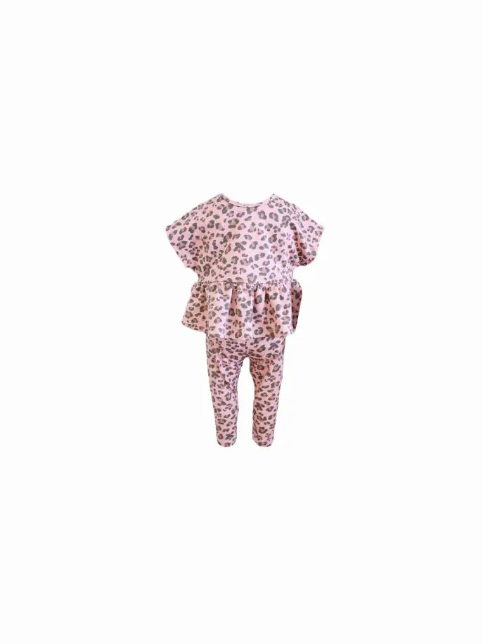 Dusty Rose Leopard Top with Ruffle hem and Leggings Set Little Mass