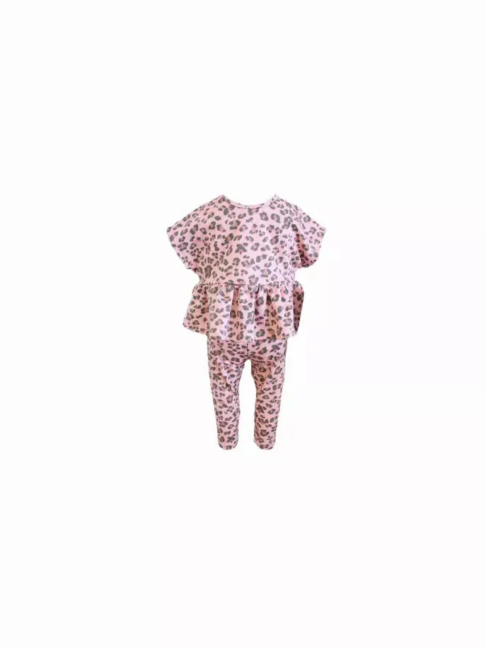 Dusty Rose Leopard Top with Ruffle hem and Leggings Set Little Mass