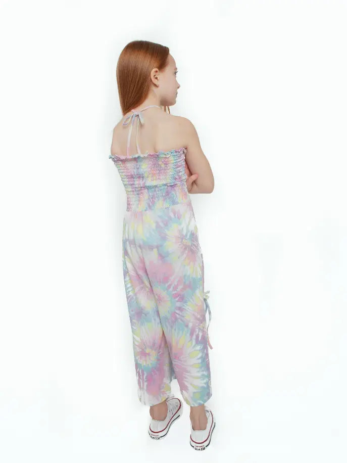 Pastel tie-dye jumpsuit for girls, featuring a smocked back and breathable fabric, perfect for summer outings.