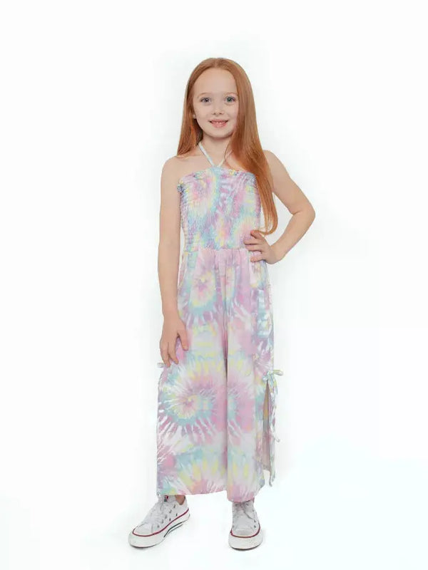 Pastel tie-dye girls' jumpsuit with smocked bodice, adjustable straps, and side pockets. Perfect for summer outings.