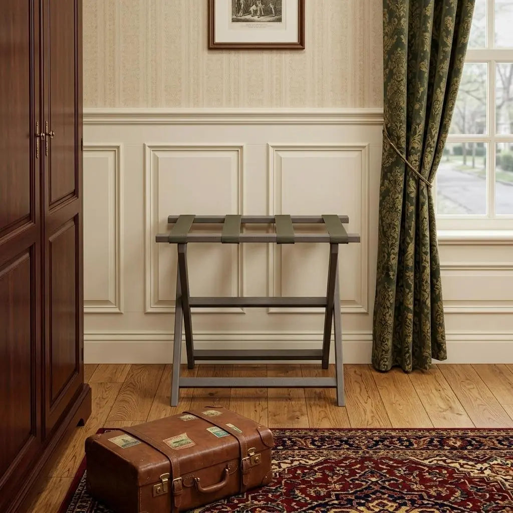 Earth Friendly Taupe Folding Luggage Rack With Dark Tan Straps Homeroots Organization
