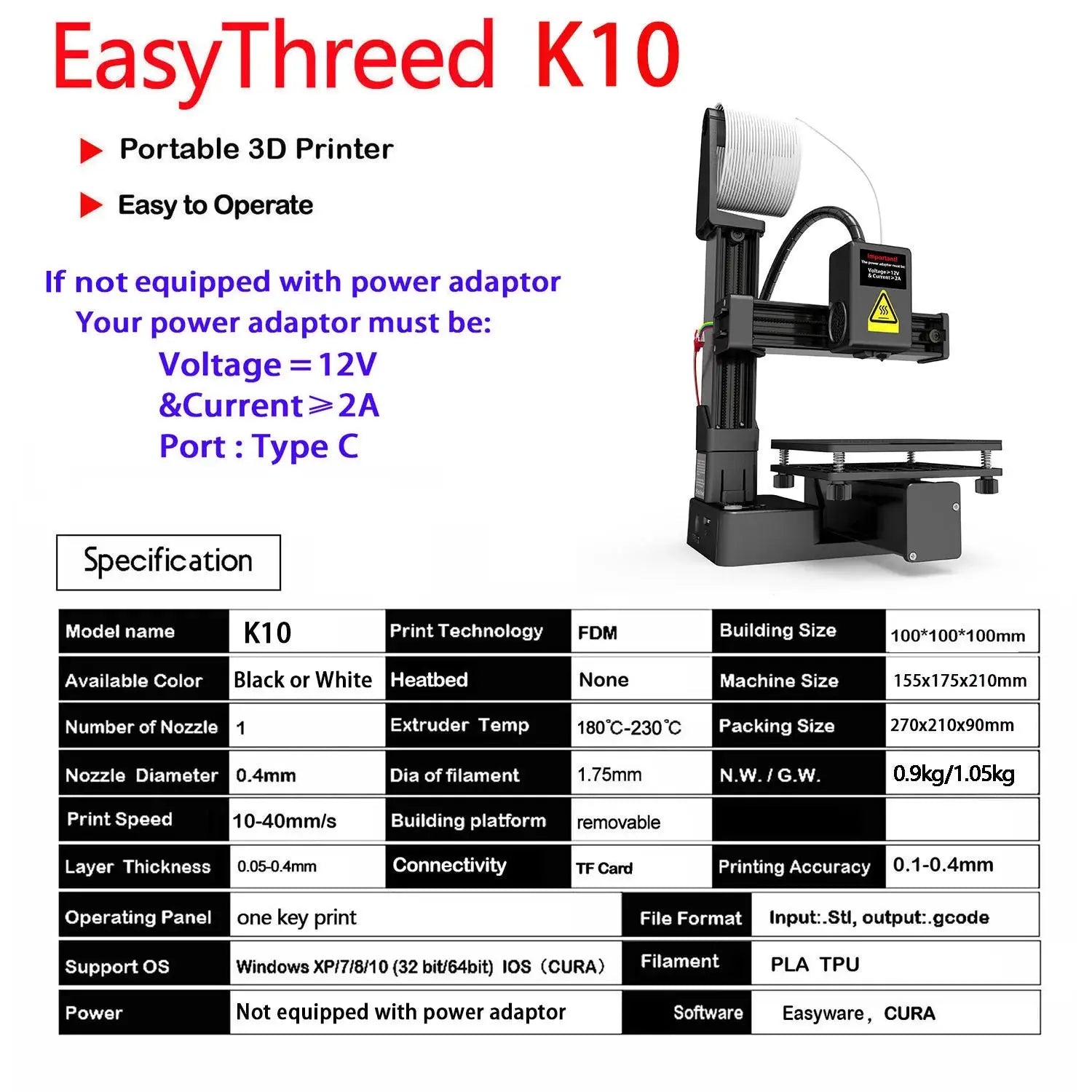 EasyThreed 3D Printer  Entry Level  Compatible with PLA TPU 1.75mm Filament  include Power Adaptor. GreatEagleInc