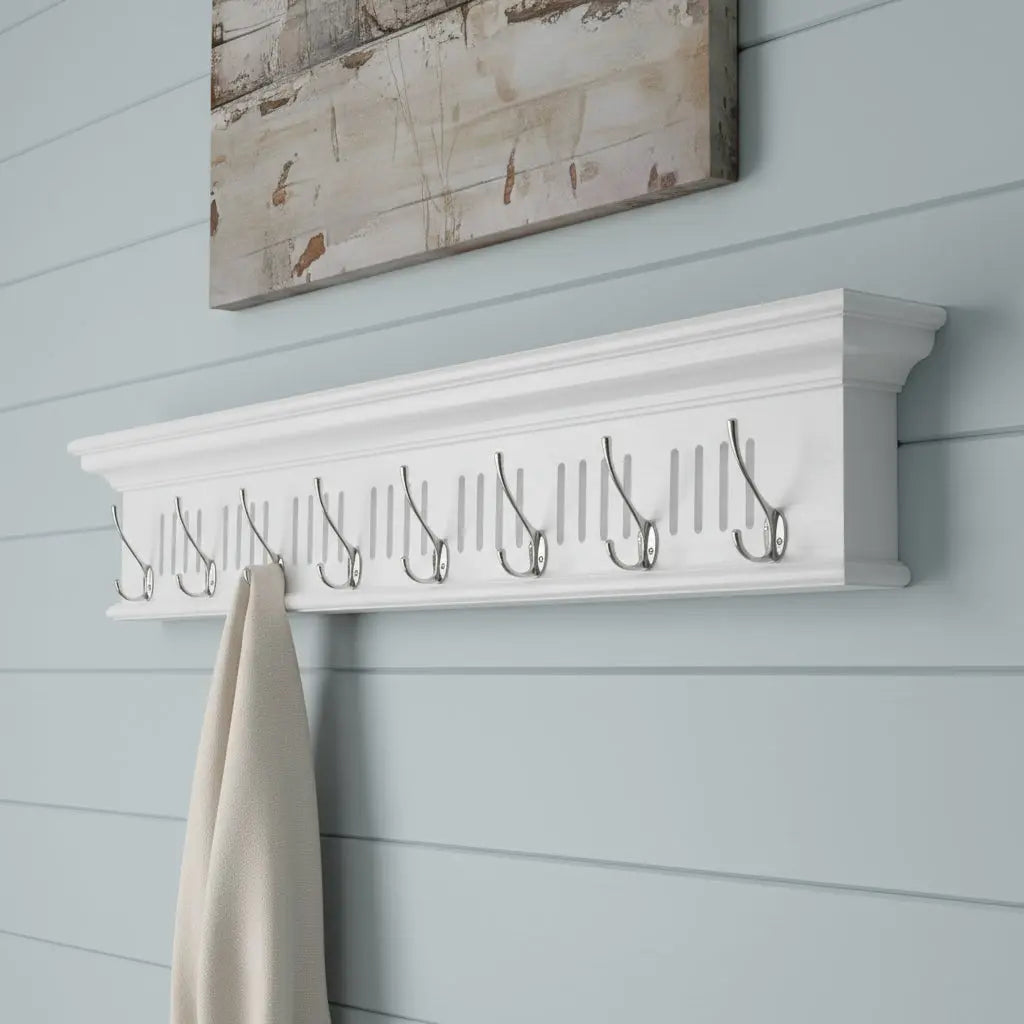 Eight Hook 51" White Solid Wood Wall Mount Coat Rack Homeroots Organization