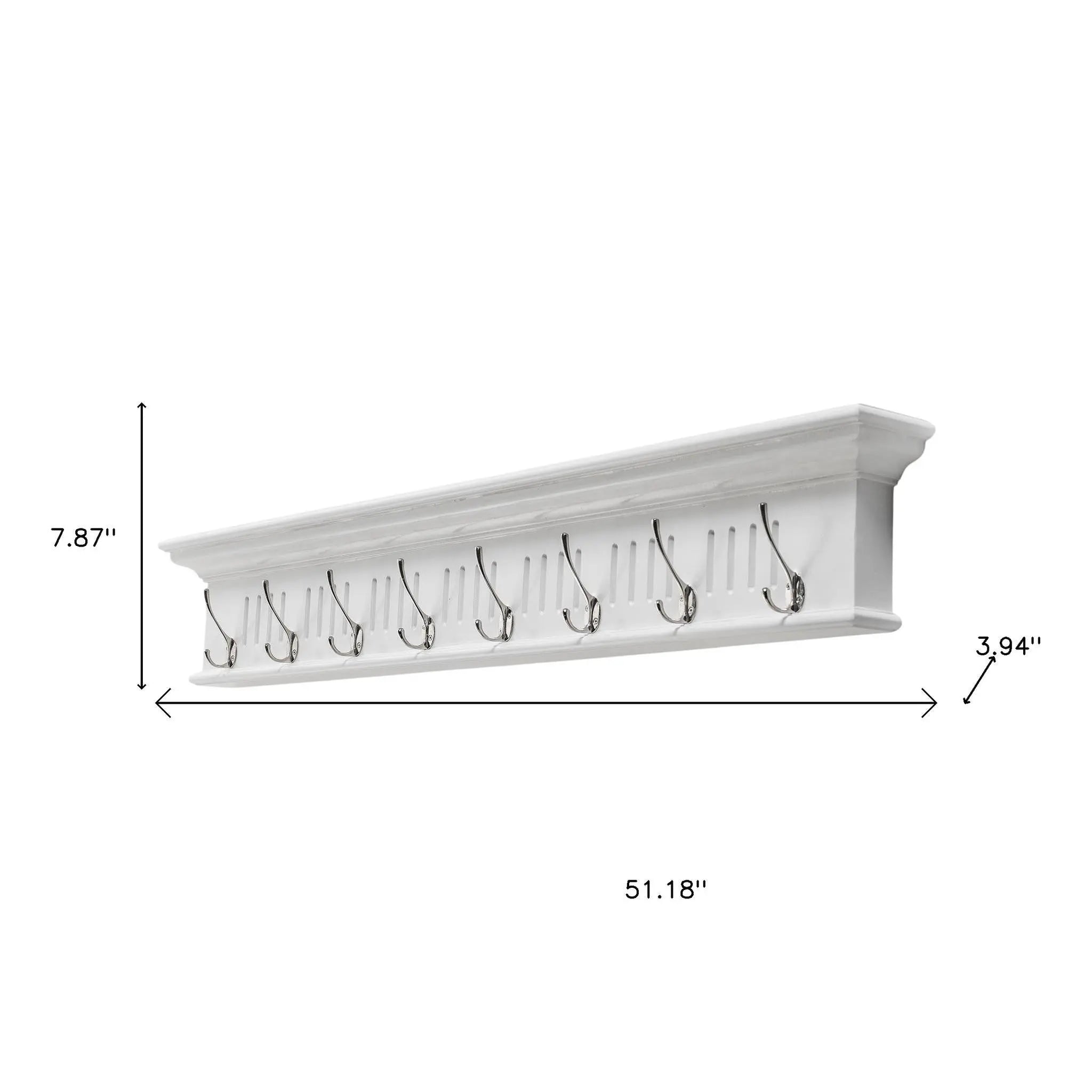 Eight Hook 51" White Solid Wood Wall Mount Coat Rack Homeroots Organization