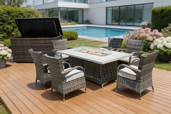 Eight Piece Gray Wicker Multiple Chairs Seating Group With Fire Pit And Table Homeroots Outdoor