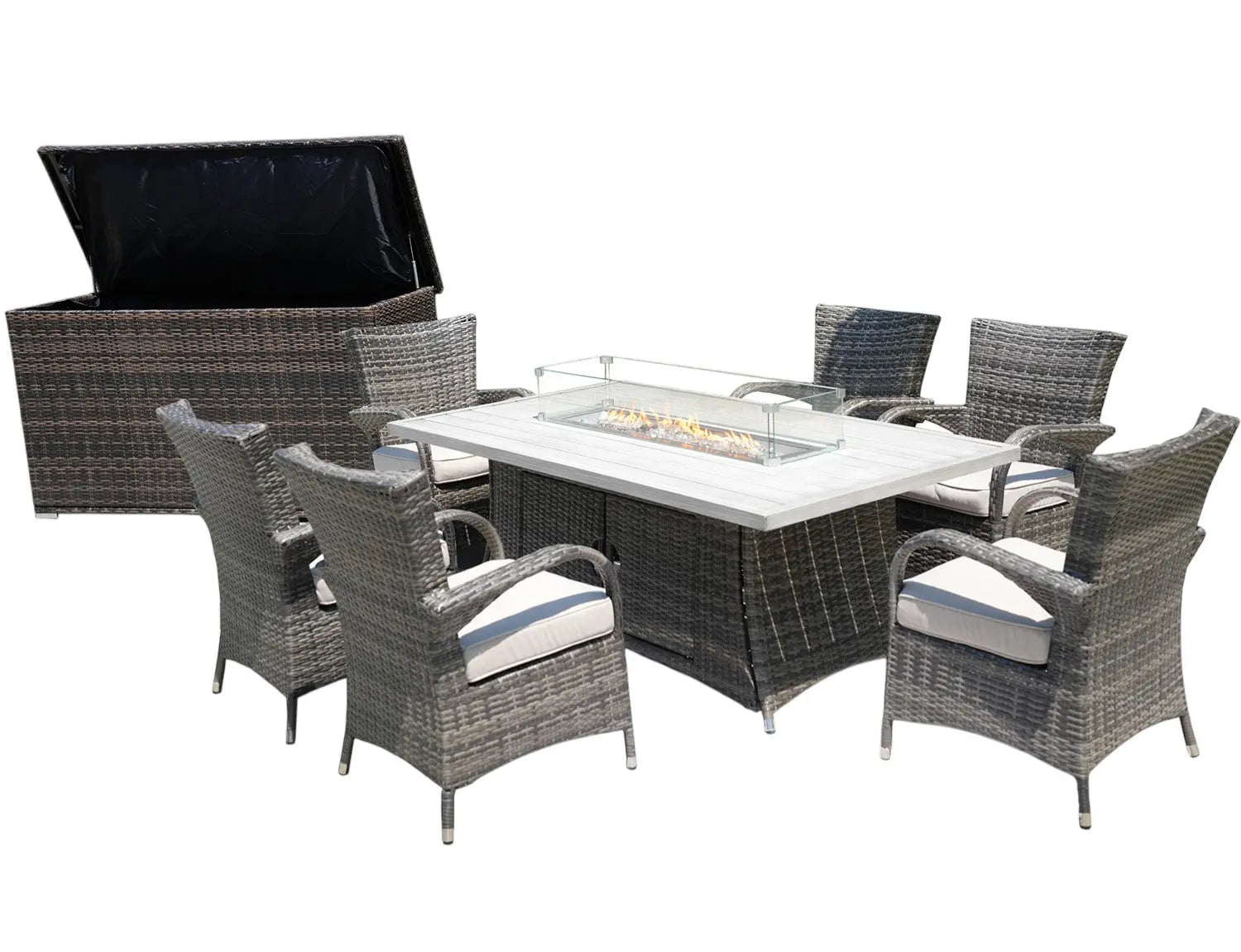 Eight Piece Gray Wicker Multiple Chairs Seating Group With Fire Pit And Table Homeroots Outdoor