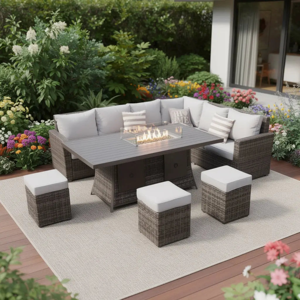 Eight Piece Gray Wicker Upholstered Cushions Sectional Seating Group With Fire Pit And Table Homeroots Outdoor
