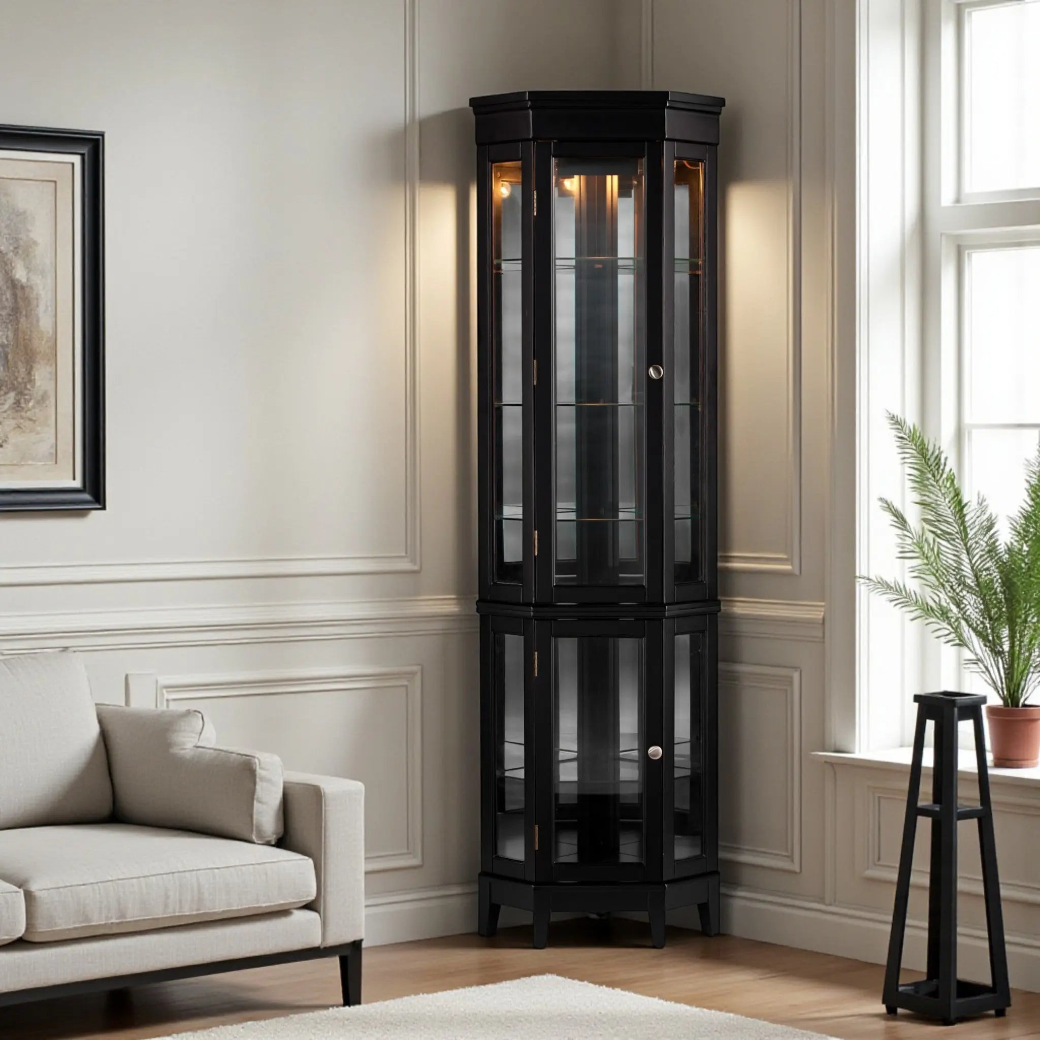 Elegant Black Lighted Curio Cabinet Homeroots Kitchen & Dining