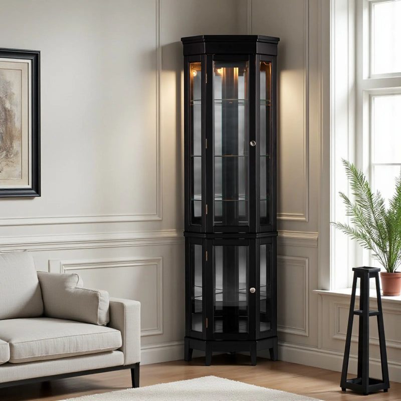 Elegant Black Lighted Curio Cabinet Homeroots Kitchen & Dining