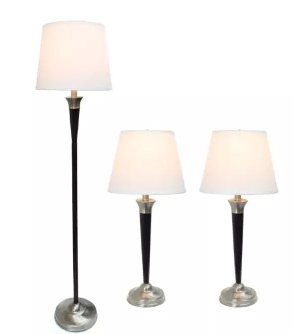 Elegant Designs Malbec Black and Brushed Nickel 3 Pack Lamp Set (2 Table Lamps, 1 Floor Lamp) All The Rages, Inc.