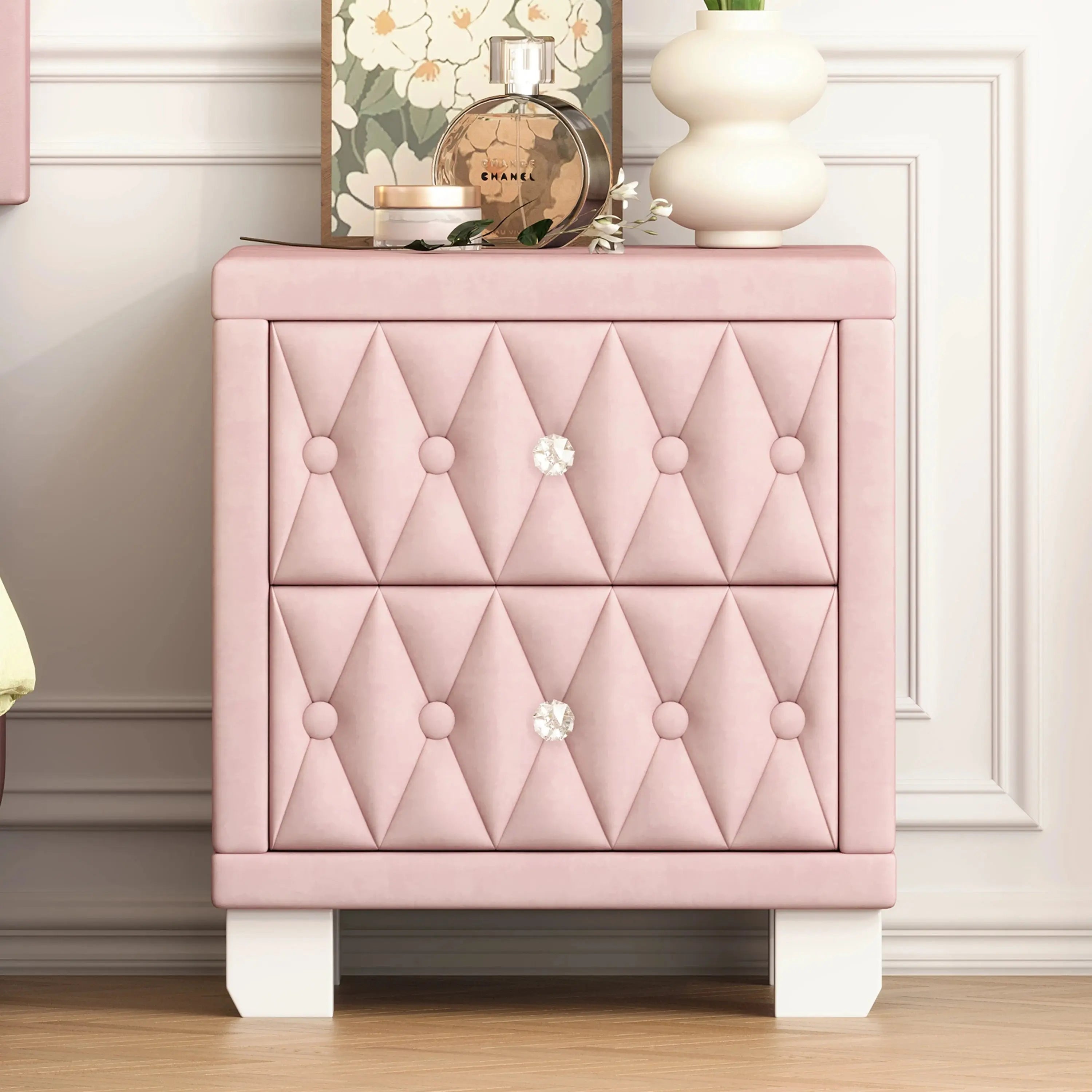 Elegant Modern Velvet Bedroom Nightstand with 2 Drawers and Crystal Handle Button-Tufted Pink Panel Design Durable GreatEagleInc