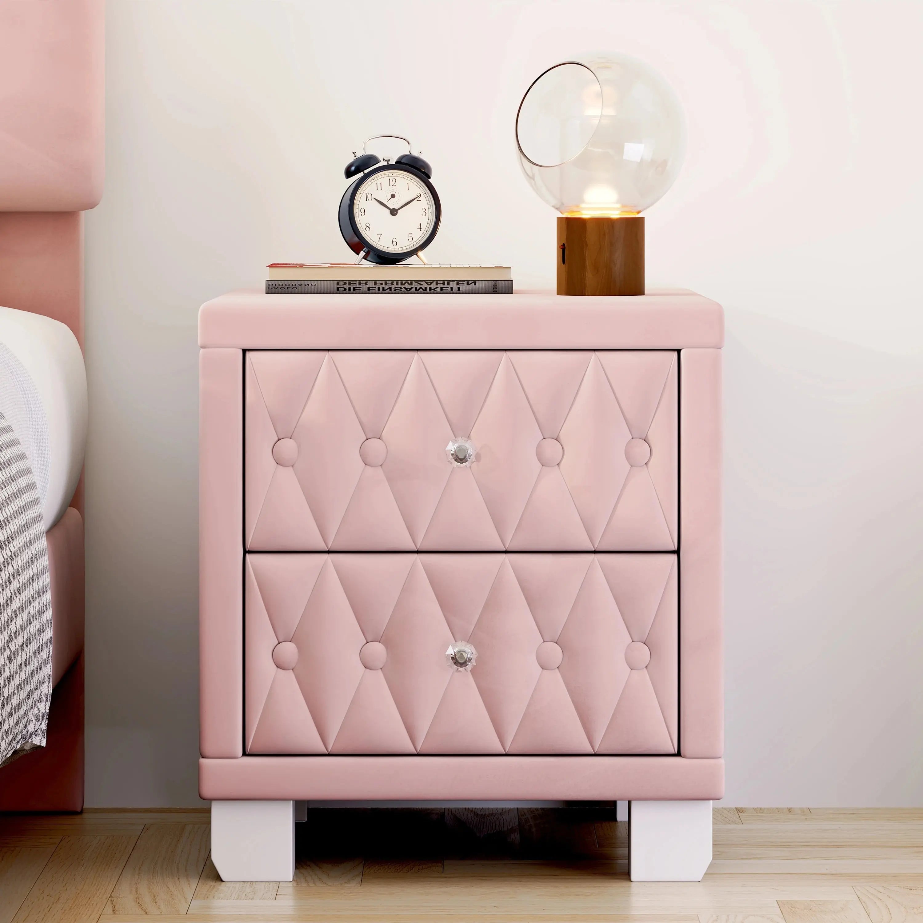 Elegant Modern Velvet Bedroom Nightstand with 2 Drawers and Crystal Handle Button-Tufted Pink Panel Design Durable GreatEagleInc
