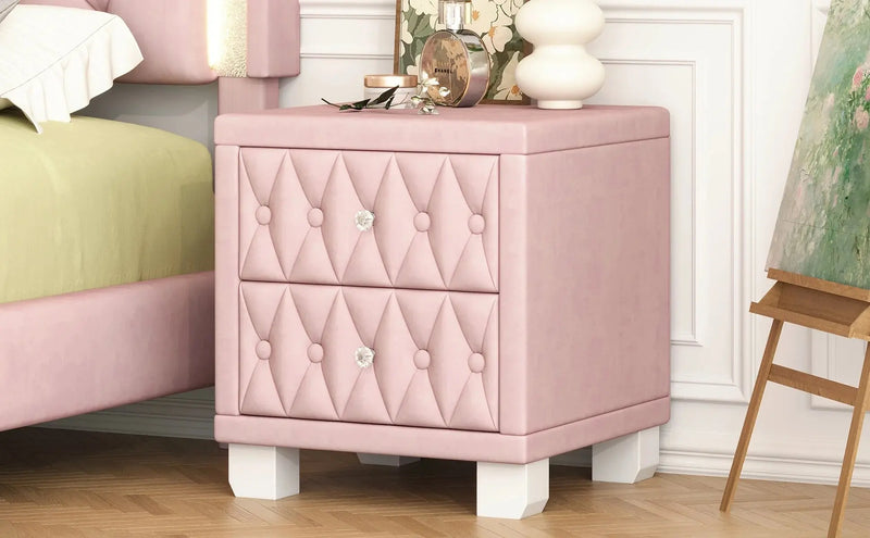 Elegant Modern Velvet Bedroom Nightstand with 2 Drawers and Crystal Handle Button-Tufted Pink Panel Design Durable GreatEagleInc