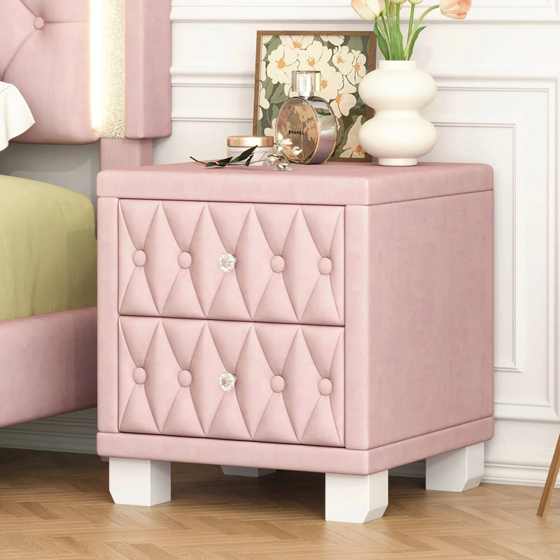 Elegant Modern Velvet Bedroom Nightstand with 2 Drawers and Crystal Handle Button-Tufted Pink Panel Design Durable GreatEagleInc