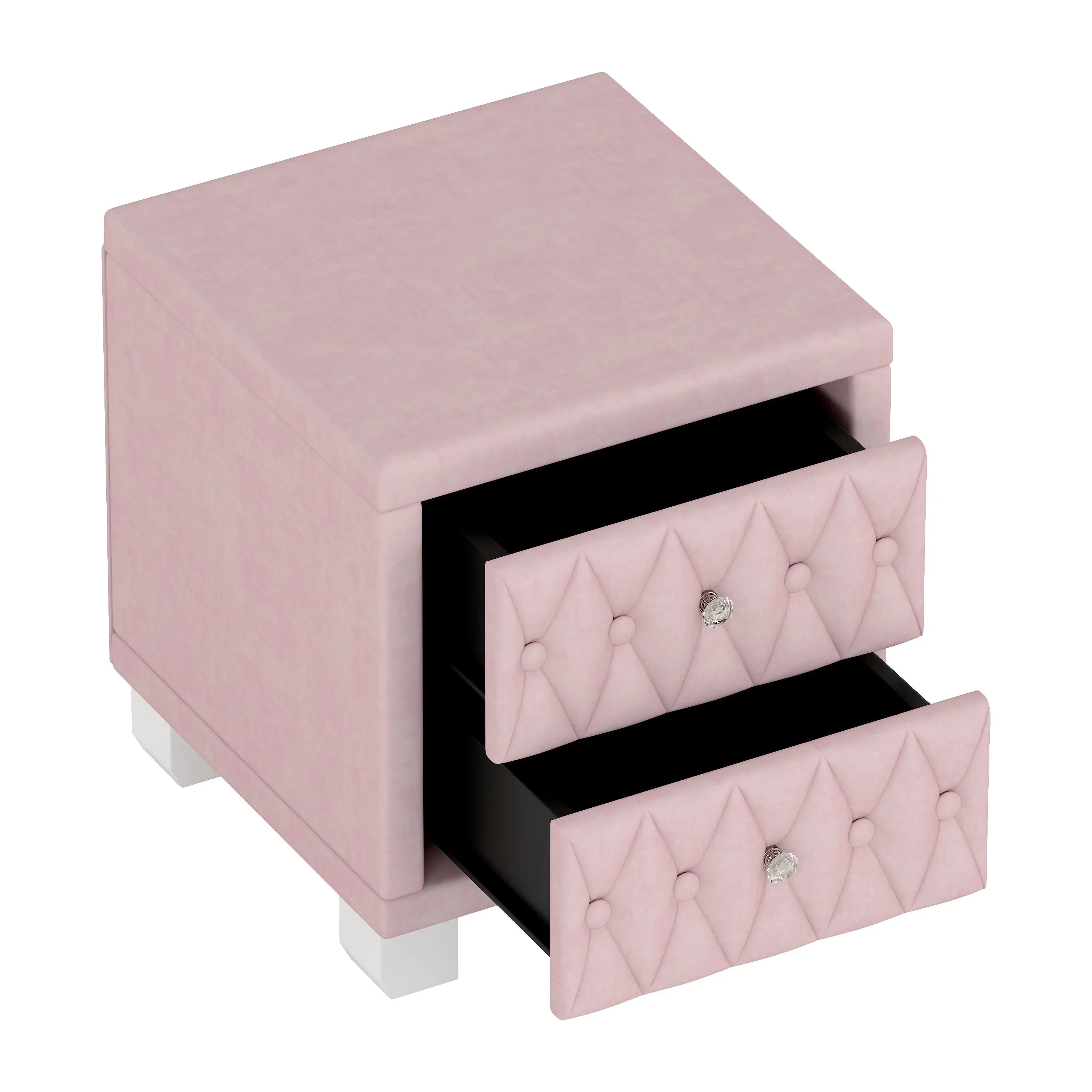 Elegant Modern Velvet Bedroom Nightstand with 2 Drawers and Crystal Handle Button-Tufted Pink Panel Design Durable GreatEagleInc