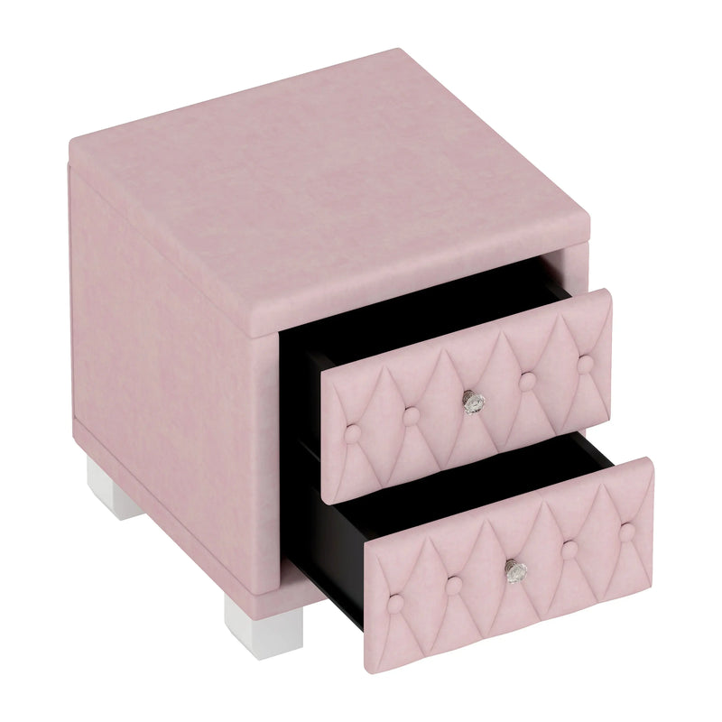 Elegant Modern Velvet Bedroom Nightstand with 2 Drawers and Crystal Handle Button-Tufted Pink Panel Design Durable GreatEagleInc