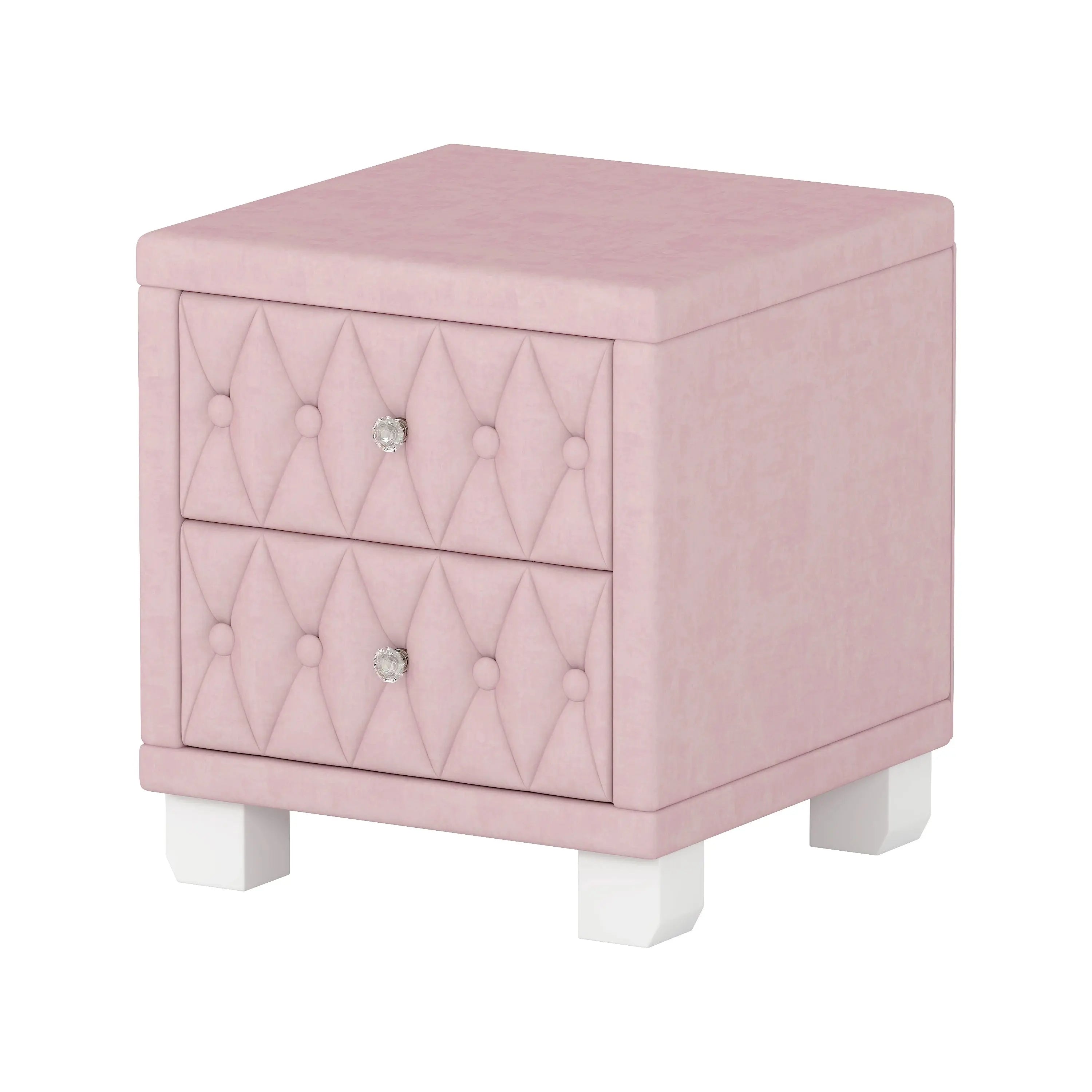 Elegant Modern Velvet Bedroom Nightstand with 2 Drawers and Crystal Handle Button-Tufted Pink Panel Design Durable GreatEagleInc