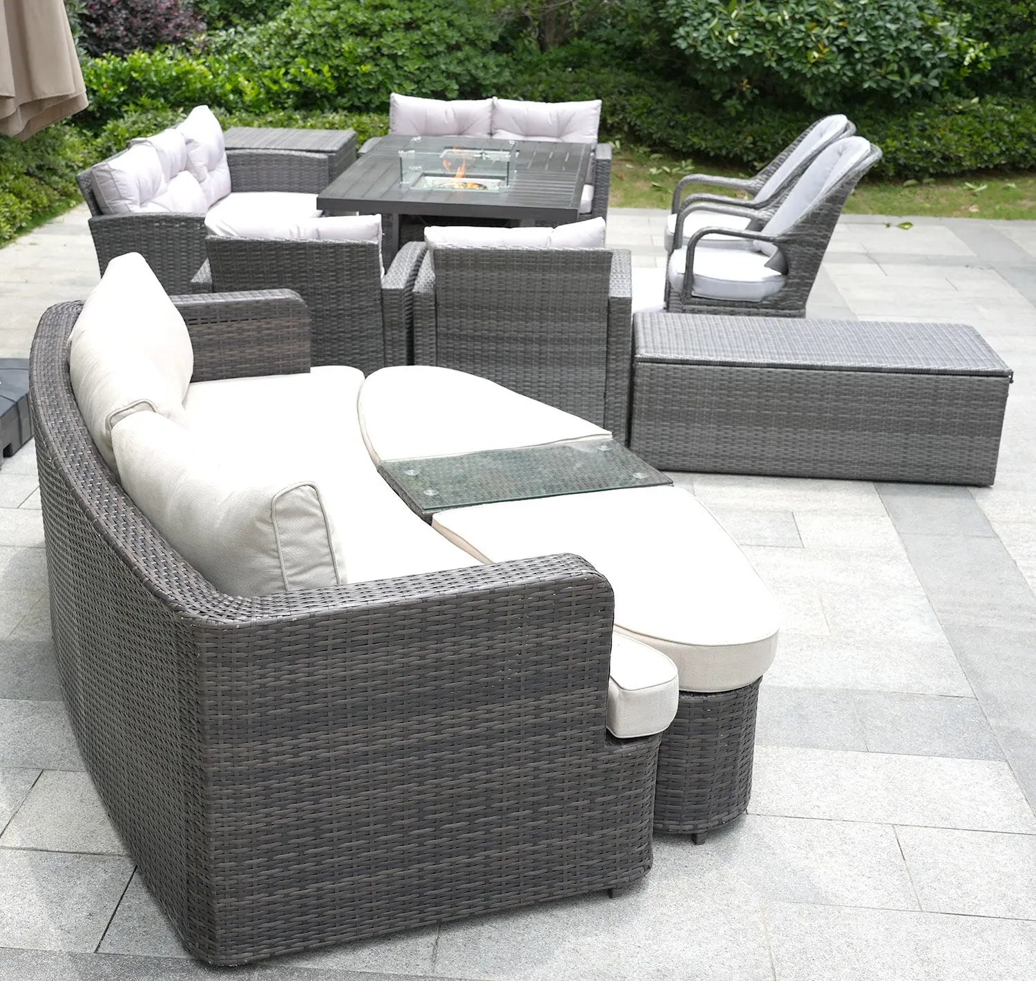 Eleven Piece Gray Wicker Multiple Chairs Seating Group With Fire Pit And Table Homeroots Outdoor