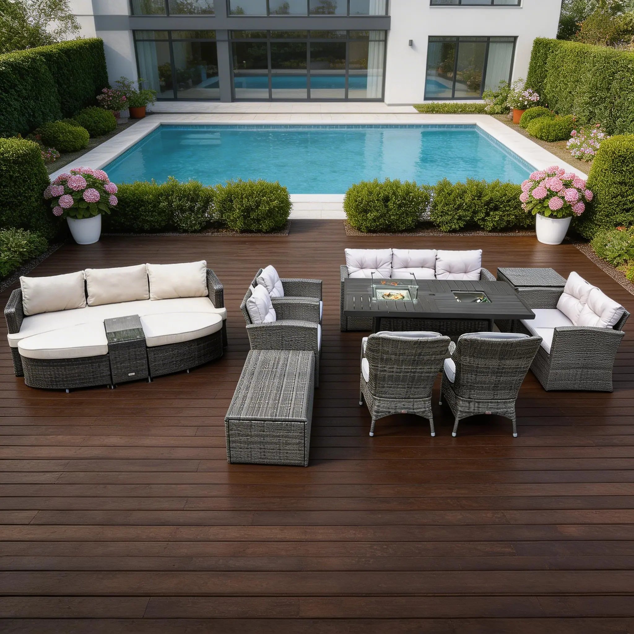 Eleven Piece Gray Wicker Multiple Chairs Seating Group With Fire Pit And Table Homeroots Outdoor